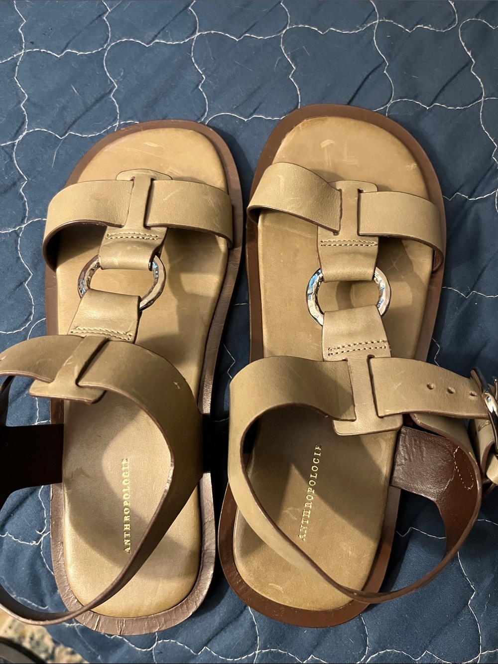 Anthropologie olive green Ring-Detail Leather Sandals